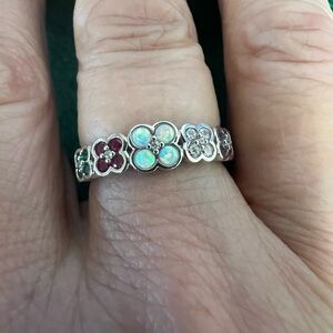 Sterling Silver ADORE Message Ring with simulated opal and Diamonique gemstones